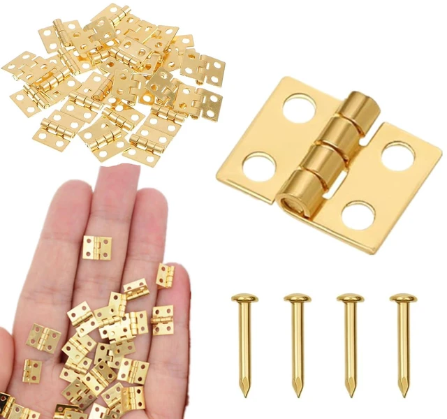Main image of 48Pcs Gold 180° Mini Brass Hinges, 10x8mm | 192Pcs Screws Included, For Mini Furniture, Jewelry/Chest Boxes, Cabinets, Toy Houses & DIY Display Crafts