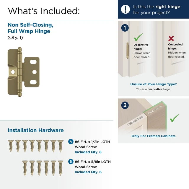 Alt view image 3 of 4 - 3/4" Full Wrap Golden Champagne Decorative Cabinet Hinge | Non-Self-Closing Steel Cabinet Hinge for Doors with 3/4" (19mm) Door Thickness; Full Inset, Full Wrap