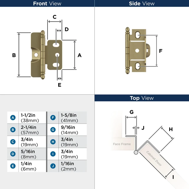 Alt view image 4 of 4 - 3/4" Full Wrap Golden Champagne Decorative Cabinet Hinge | Non-Self-Closing Steel Cabinet Hinge for Doors with 3/4" (19mm) Door Thickness; Full Inset, Full Wrap