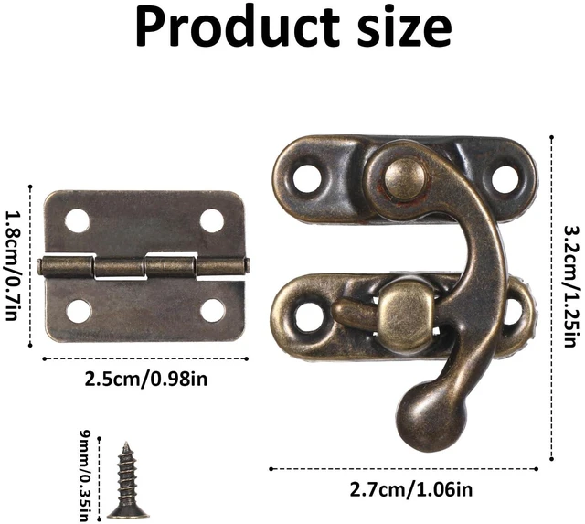 Alt view image 2 of 7 - 6PCS Jewelry Box Hinges and Latches Small Hinges for Wooden Box Jewelry Boxes Latch Retro Design Right Latch Hook and Vintage Bronze Hinge with Matching Screws for Decorative Cabinet Wooden Boxes