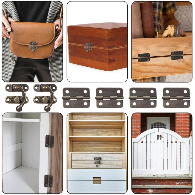 Alt view image 5 of 7 - 6PCS Jewelry Box Hinges and Latches Small Hinges for Wooden Box Jewelry Boxes Latch Retro Design Right Latch Hook and Vintage Bronze Hinge with Matching Screws for Decorative Cabinet Wooden Boxes
