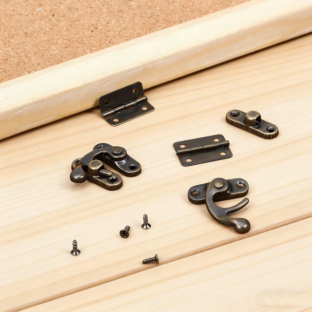 Alt view image 6 of 7 - 6PCS Jewelry Box Hinges and Latches Small Hinges for Wooden Box Jewelry Boxes Latch Retro Design Right Latch Hook and Vintage Bronze Hinge with Matching Screws for Decorative Cabinet Wooden Boxes