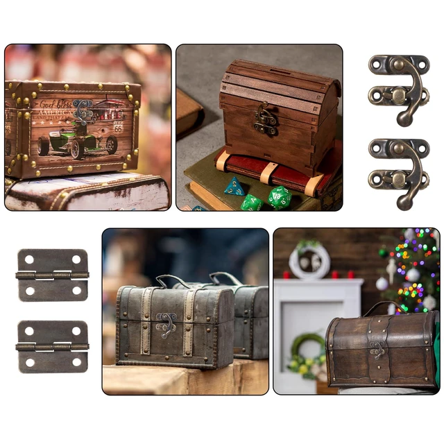 Alt view image 4 of 7 - 6PCS Jewelry Box Hinges and Latches Small Hinges for Wooden Box Jewelry Boxes Latch Retro Design Right Latch Hook and Vintage Bronze Hinge with Matching Screws for Decorative Cabinet Wooden Boxes