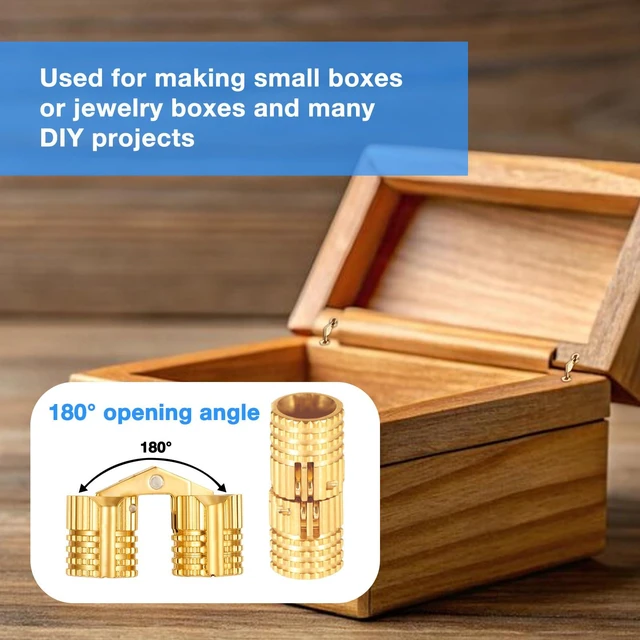 Alt view image 4 of 7 - 4 Pack 8 mm Hidden Brass Hinges with 16 Screws, Hidden Invisible Cabinet Furniture Hinges 180 Degree Opening Angle, Small Ring Box Hinge for DIY Jewelry Box Hand Craft