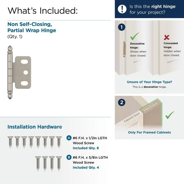 Alt view image 4 of 5 - 3/4" Partial Wrap Satin Nickel Decorative Cabinet Hinge | Non-Self-Closing Steel Cabinet Hinge for Doors with 3/4" (19mm) Door Thickness; Full Inset, Full Wrap