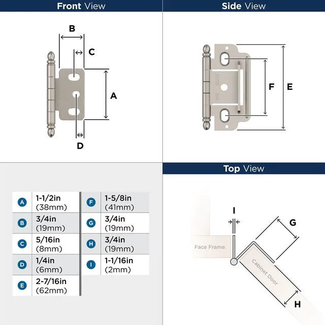 Alt view image 5 of 5 - 3/4" Partial Wrap Satin Nickel Decorative Cabinet Hinge | Non-Self-Closing Steel Cabinet Hinge for Doors with 3/4" (19mm) Door Thickness; Full Inset, Full Wrap