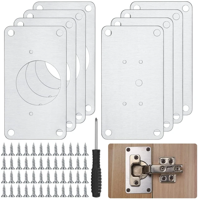 Main image of 8 Pcs Cabinet Hinges Repair Plates, Cabinet Doors Hinge Repair Kit | cabinet door repair,stainless steel repair plate,Furniture Cabinet Drawer Window Repair Plates with Screwdriver