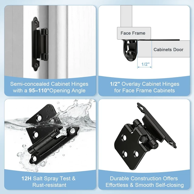 Alt view image 2 of 7 - 1/2" Overlay Matte Black Hinges for Cabinets Kitchen, 1 Pair | 2 Pack, Self Closing, Semi-Concealed Face Frame Cabinet Door Hinges, Easy Flush Face Mount, with Quiet Bumpers for Bathroom