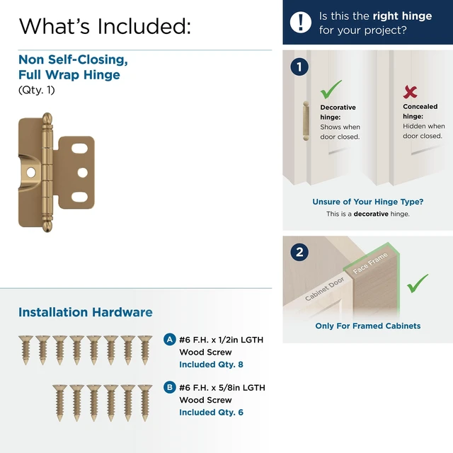 Alt view image 3 of 4 - 3/4" Full Wrap Champagne Bronze Decorative Cabinet Hinge | Non-Self-Closing Steel Cabinet Hinge for Doors with 3/4" (19mm) Door Thickness; Full Inset, Full Wrap