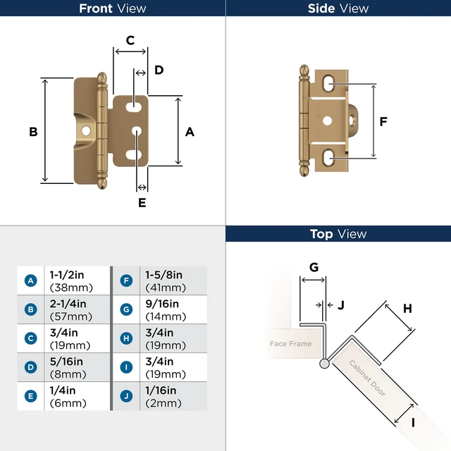 Alt view image 4 of 4 - 3/4" Full Wrap Champagne Bronze Decorative Cabinet Hinge | Non-Self-Closing Steel Cabinet Hinge for Doors with 3/4" (19mm) Door Thickness; Full Inset, Full Wrap