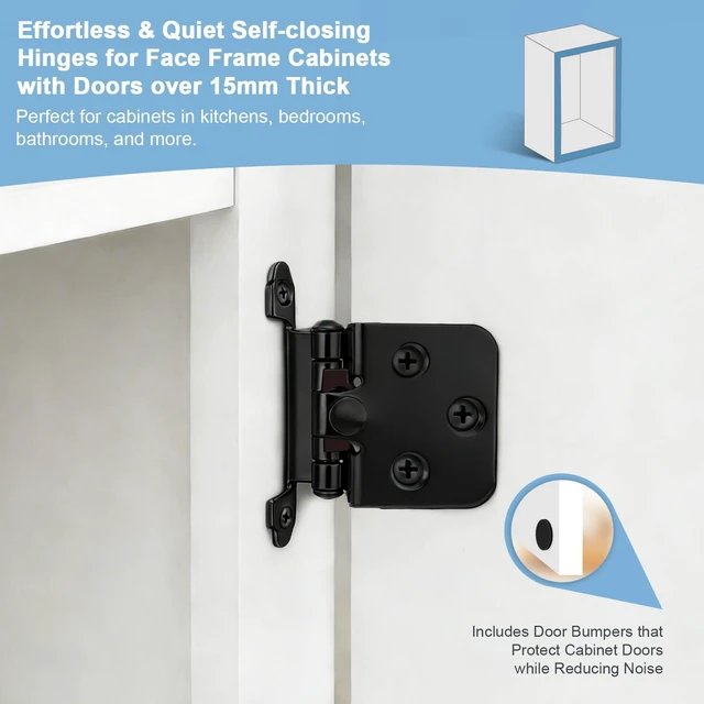 Alt view image 3 of 7 - 1/2" Overlay Matte Black Hinges for Cabinets Kitchen, 1 Pair | 2 Pack, Self Closing, Semi-Concealed Face Frame Cabinet Door Hinges, Easy Flush Face Mount, with Quiet Bumpers for Bathroom