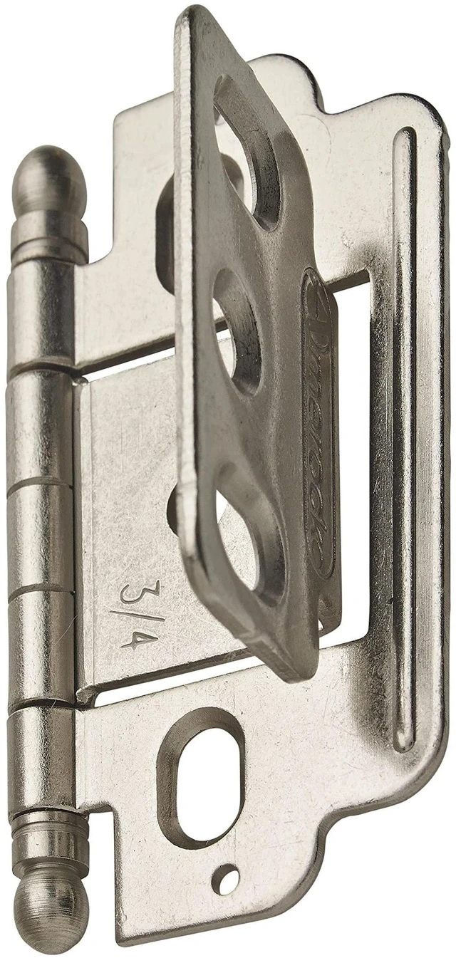 Alt view image 3 of 5 - 3/4" Partial Wrap Satin Nickel Decorative Cabinet Hinge | Non-Self-Closing Steel Cabinet Hinge for Doors with 3/4" (19mm) Door Thickness; Full Inset, Full Wrap