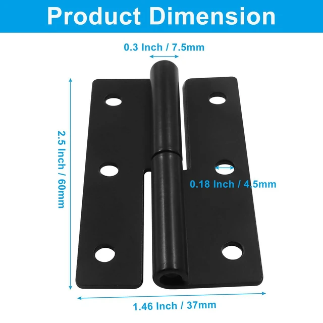 Alt view image 3 of 5 - 2.5 Inch Black Left Off Hinge, 2 Pack | Heavy Duty, H-Shaped, Left Handed, Slip Joint Flag Hinges, Butt Hinges