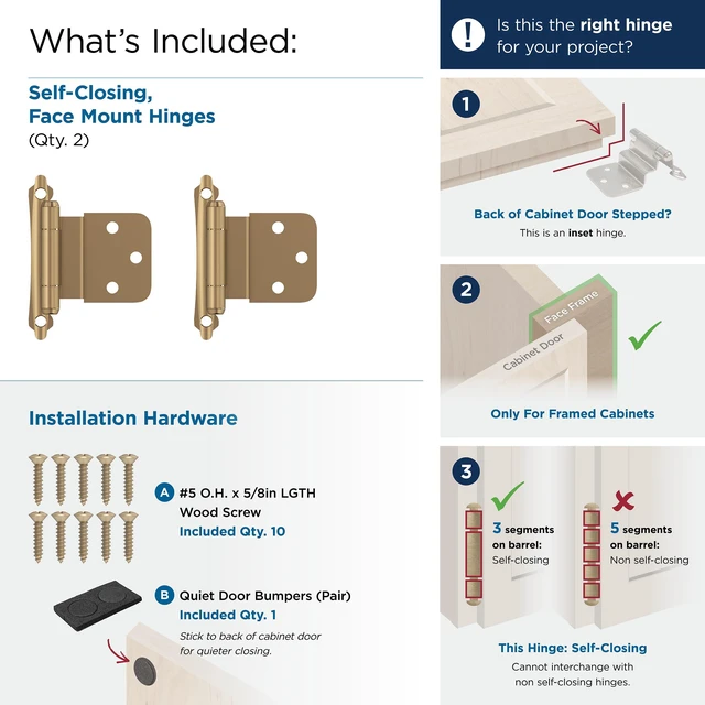 Alt view image 3 of 4 - 1 Pair 3/8" Inset Champagne Bronze Self-Closing Face Mount Hinge | Steel Cabinet Hinge for Kitchen, Bathroom and Furniture Doors, 3/8" (10mm) Inset, Self Closing, Face Mount