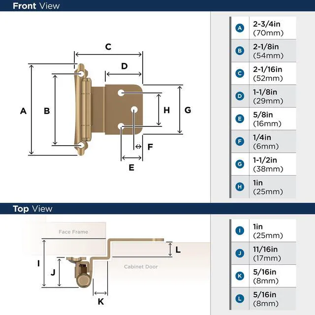 Alt view image 4 of 4 - 1 Pair 3/8" Inset Champagne Bronze Self-Closing Face Mount Hinge | Steel Cabinet Hinge for Kitchen, Bathroom and Furniture Doors, 3/8" (10mm) Inset, Self Closing, Face Mount