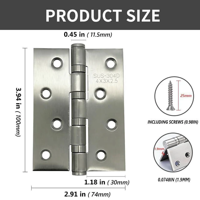 Alt view image 2 of 7 - 4 Pack 4×2.9inch Silver 304 Stainless Steel Door Hinge | Bearing Door Hinge, Suitable for Both Indoor Doors, Thickness: 0.075in(1.9MM), Brushed Nickel, with Screws