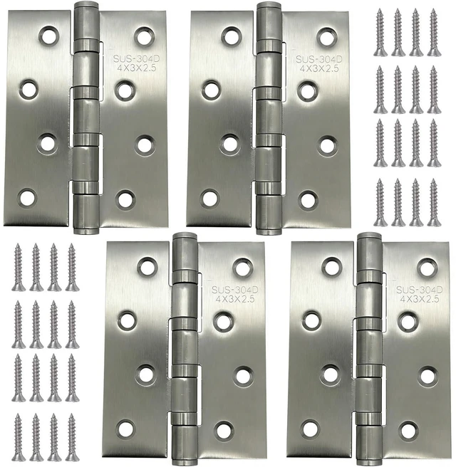 Main image of 4 Pack 4×2.9inch Silver 304 Stainless Steel Door Hinge | Bearing Door Hinge, Suitable for Both Indoor Doors, Thickness: 0.075in(1.9MM), Brushed Nickel, with Screws