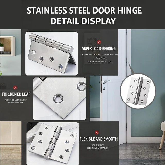 Alt view image 3 of 7 - 4 Pack 4×2.9inch Silver 304 Stainless Steel Door Hinge | Bearing Door Hinge, Suitable for Both Indoor Doors, Thickness: 0.075in(1.9MM), Brushed Nickel, with Screws
