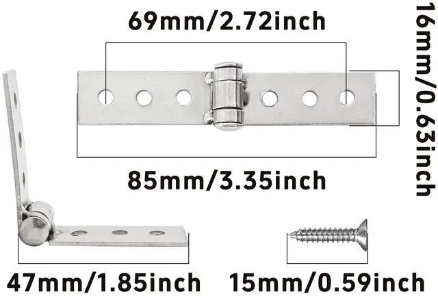 Alt view image 2 of 5 - 2PCS 3" Silver Folding Butt Hinges, Six-Hole Furniture Door and Window Hinge, Stainless Steel Cabinet Door Hardware with Screws