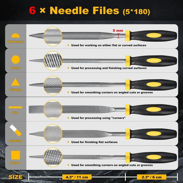 Alt view image 2 of 7 - Metal Needle File Set, 6 Pcs Small Precision Files, Hardened Steel Mini File Kit for Deburring, Shaping, Smoothing Metal Wood Plastic with Ergonomic Handle, 0.19x7.09 inch (Yellow)