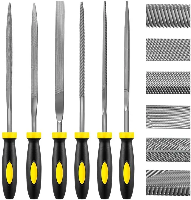 Main image of 6 Piece Metal Needle File Set - 4-inch,Carbon Steel Files for Metal, Wood & Jewelry | Includes Flat, Warding, Square, Triangular, Round, and Half-Round Files