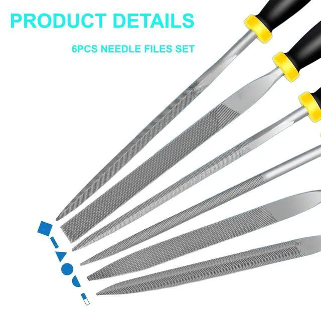 Alt view image 2 of 6 - 6 Piece Metal Needle File Set - 4-inch,Carbon Steel Files for Metal, Wood & Jewelry | Includes Flat, Warding, Square, Triangular, Round, and Half-Round Files