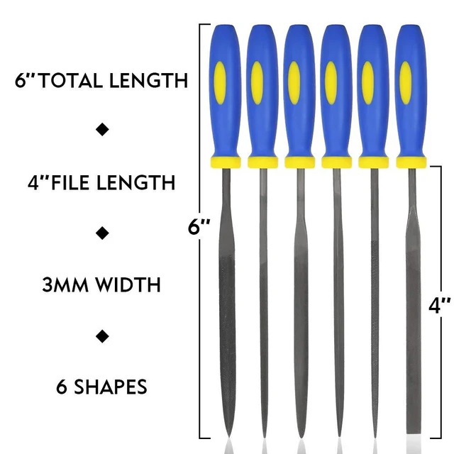 Alt view image 2 of 7 - MINI Needle File Set (Carbon Steel 6 Piece-Set) Hardened Alloy Strength Steel - Set Includes Flat, Flat Warding, Square, Triangular, Round, and Half-Round File(6'' Total Length)