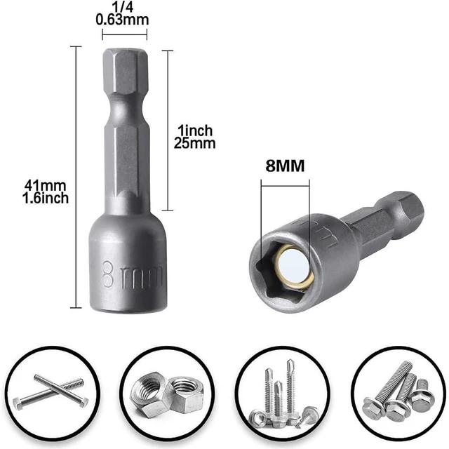 Alt view image 2 of 7 - Set of 5 Magnetic Socket 8mm, 1/4" Hex Shank Drill Adapter for Nut Driver, Power Drills and Impact Socket Adapter, 42mm Length