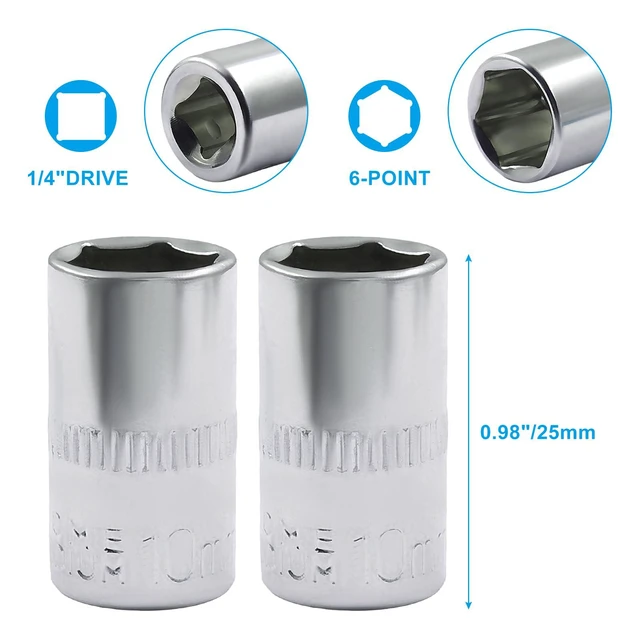 Alt view image 2 of 5 - 2 Pcs 1/4 Drive 10mm Shallow Socket, Cr-V Steel | 6-Point High Torque Grip, Mirror Polish Chrome Finish, For Auto Repair Construction DIY