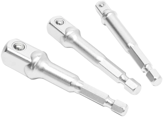 Main image of HB 3-Piece Socket Adapter Set Hex Shank Impact Driver Drill Adapters | 1/4", 3/8", 1/2" Drive | Chrome Vanadium Steel with Spring-Loaded Detent Ball | Professional Tools Made in Taiwan