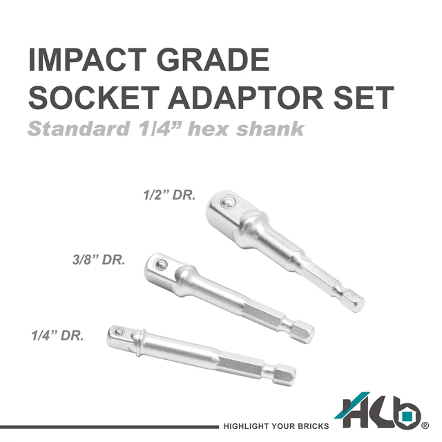 Alt view image 2 of 6 - HB 3-Piece Socket Adapter Set Hex Shank Impact Driver Drill Adapters | 1/4", 3/8", 1/2" Drive | Chrome Vanadium Steel with Spring-Loaded Detent Ball | Professional Tools Made in Taiwan