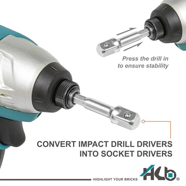 Alt view image 5 of 6 - HB 3-Piece Socket Adapter Set Hex Shank Impact Driver Drill Adapters | 1/4", 3/8", 1/2" Drive | Chrome Vanadium Steel with Spring-Loaded Detent Ball | Professional Tools Made in Taiwan