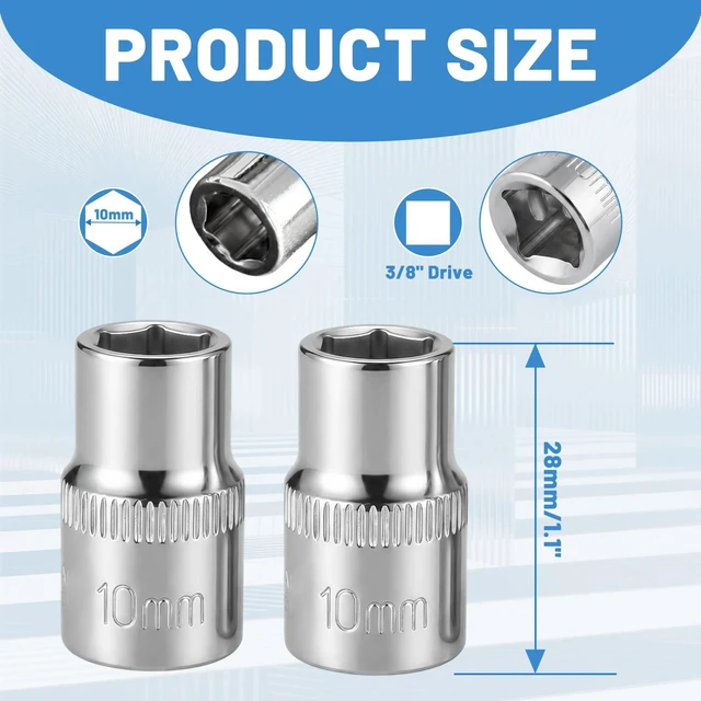 Alt view image 2 of 7 - 2 PCS 3/8" Drive 10mm Shallow Socket Set, 6-Point, Mirror Finish, Cr-V Steel