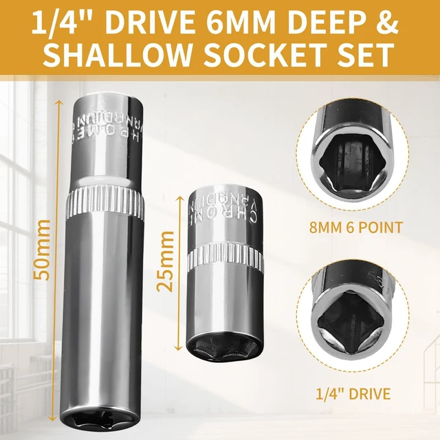 Alt view image 2 of 7 - 2Pcs 1/4" Drive 8mm Deep & Shallow Socket Set 6-Point CR-V Metric Impact Socket for Ratchet Torque Electric Wrenches Car Repair, Mirror Chrome Finish