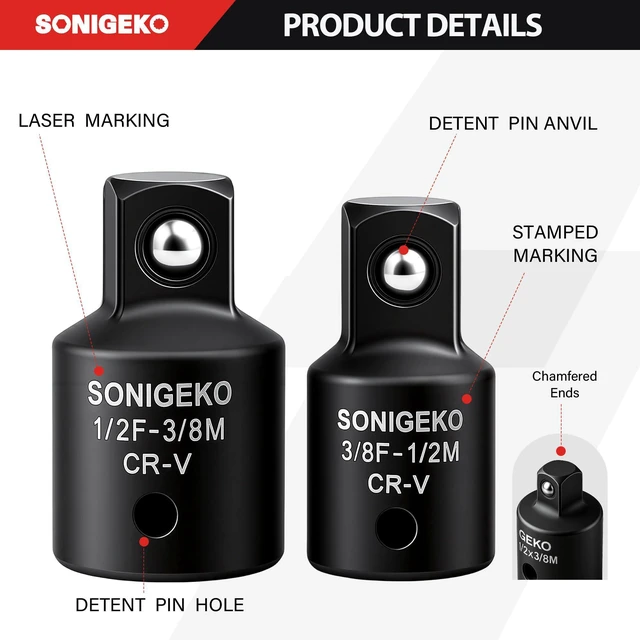 Alt view image 2 of 7 - 2-Piece Impact Socket Adapter and Reducer Set | 3/8"Female to 1/2 Male Adapter, 1/2" Female to 3/8"Male Reducer