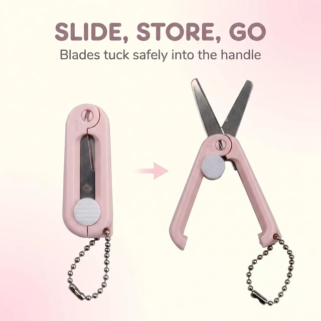 Alt view image 4 of 6 - 2 Pcs Pink Folding Scissors Safe Portable Travel Scissors Foldable Telescopic Cutter Pocket Mini Scissor with Keychain for Cutting, Scrapbooking, Crafting, Sewing Office Cutting Tools