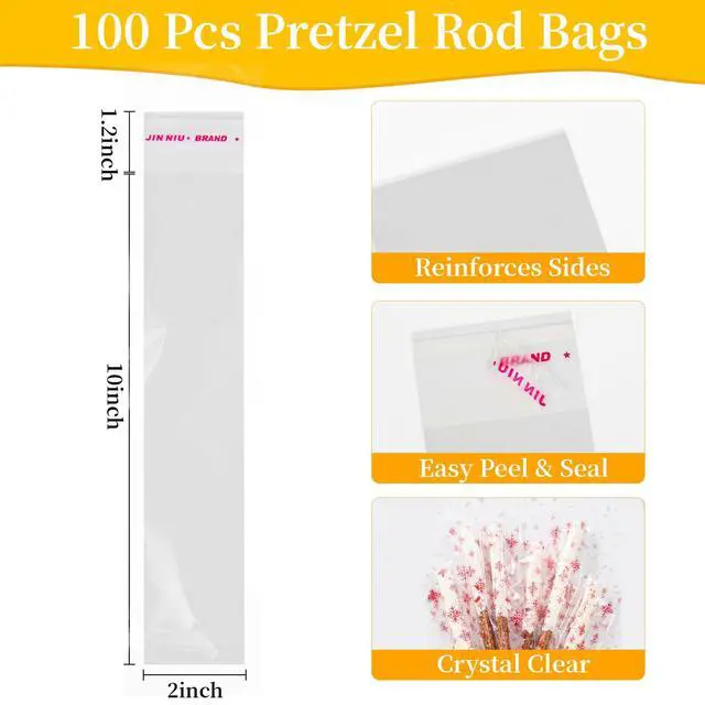Alt view image 2 of 7 - Pretzel Rod Bags 2x10 Inches - 100pcs Clear Self Sealing Cellophane Bags, Resealable Cookie Bag Pretzels Individual Bag 2x10 Inches with Seal for Packaging ICY Candy Treat Popsicle Cookies