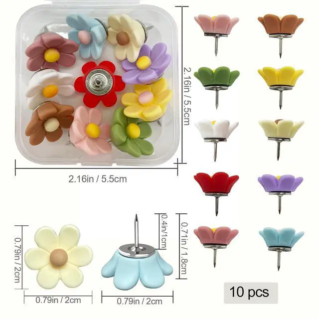 Alt view image 2 of 6 - 10pcs - 10 Colors Flower Push Pins Cute Thumb Tacks for Cork Bulletin Board Decorations, Cute Cubicle Decor Office Supplies Pins for Women