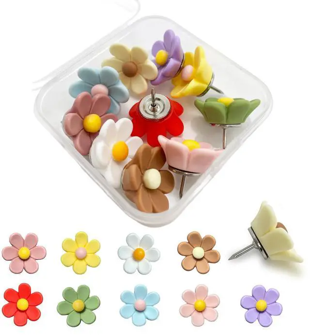 Main image of 10pcs - 10 Colors Flower Push Pins Cute Thumb Tacks for Cork Bulletin Board Decorations, Cute Cubicle Decor Office Supplies Pins for Women