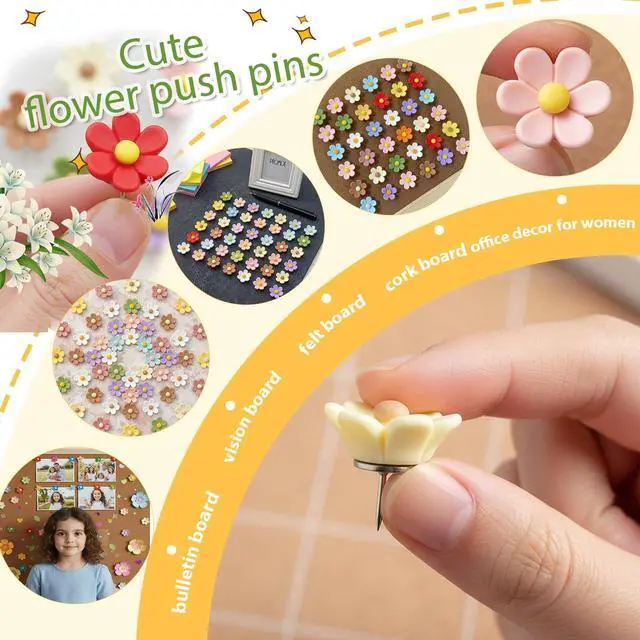 Alt view image 5 of 6 - 10pcs - 10 Colors Flower Push Pins Cute Thumb Tacks for Cork Bulletin Board Decorations, Cute Cubicle Decor Office Supplies Pins for Women