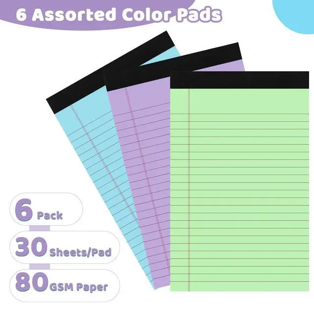 Alt view image 2 of 7 - Legal Pads 5x8, 6 Pack 180 Sheets Colored College Ruled | 80 GSM FSC-Certified Paper, Perforated Tear-off Pages, 30 Sheets Per Pad for School Office Home Lists and Notes