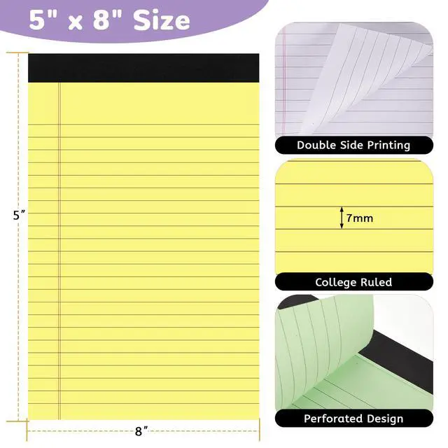 Alt view image 3 of 7 - Legal Pads 5x8, 6 Pack 180 Sheets Colored College Ruled | 80 GSM FSC-Certified Paper, Perforated Tear-off Pages, 30 Sheets Per Pad for School Office Home Lists and Notes