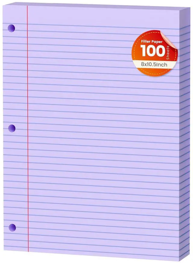Main image of Purple Loose Leaf Paper 100 Sheets Colored Filler Paper 8 * 10.5 College Ruled Paper 3-Hole Punched Paper for 3-Ring Binders Notebook Lined 8" x 10.5"