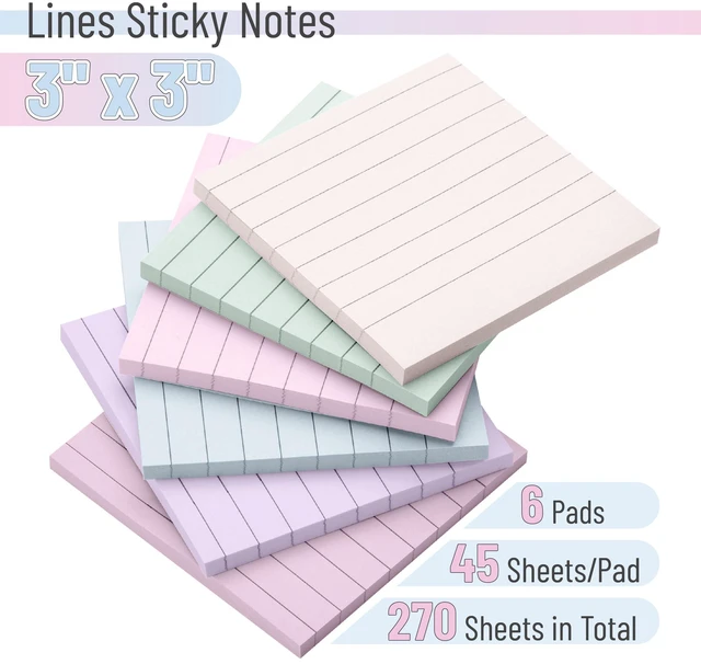 Alt view image 2 of 7 - Lined Sticky Notes, 3" x 3", 6 Pads, 45 Sheets/Pad | Sticky Notes with Lines, Ruled Post Stickies, Memo Pads, Self-Stick Note Pad for Office, School, Home, Study