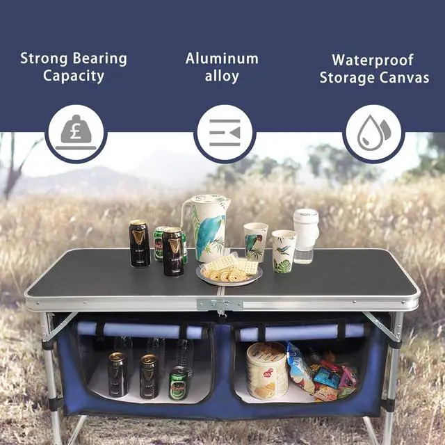 Alt view image 3 of 7 - Folding Camping Table with Storage Compartment Aluminum Lightweight Camp Kitchen Table Height Adjustable Indoor/Outdoor Table Perfect for Tailgating, Backyards, BBQ,Picnic, Black