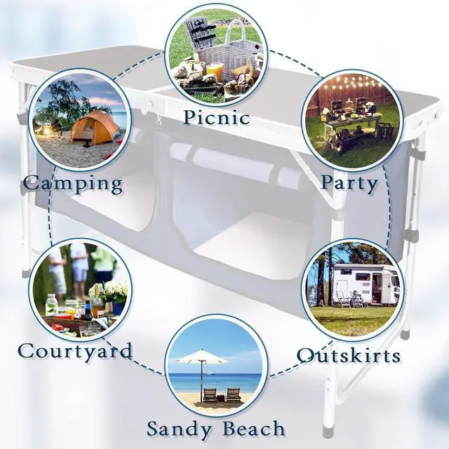 Alt view image 5 of 7 - Folding Camping Table with Storage Compartment Aluminum Lightweight Camp Kitchen Table Height Adjustable Indoor/Outdoor Table Perfect for Tailgating, Backyards, BBQ,Picnic, Black