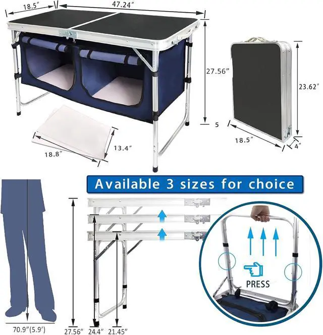 Alt view image 6 of 7 - Folding Camping Table with Storage Compartment Aluminum Lightweight Camp Kitchen Table Height Adjustable Indoor/Outdoor Table Perfect for Tailgating, Backyards, BBQ,Picnic, Black