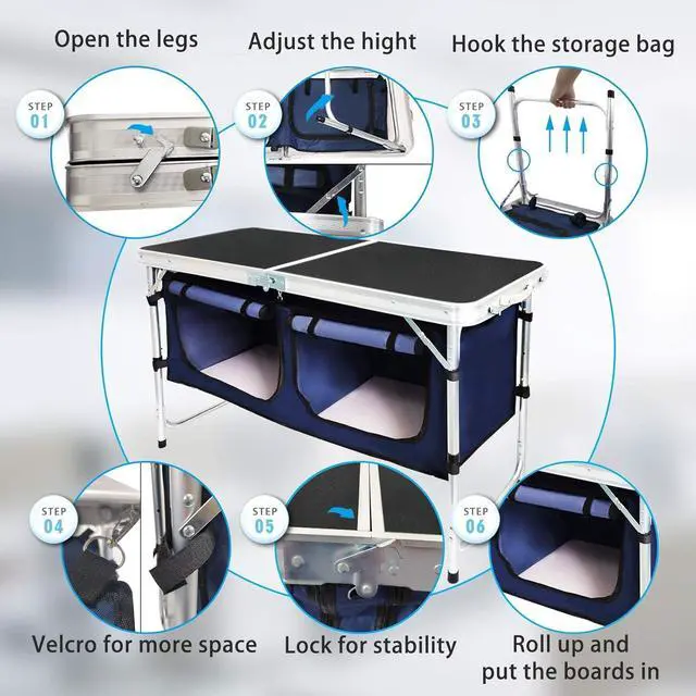 Alt view image 7 of 7 - Folding Camping Table with Storage Compartment Aluminum Lightweight Camp Kitchen Table Height Adjustable Indoor/Outdoor Table Perfect for Tailgating, Backyards, BBQ,Picnic, Black