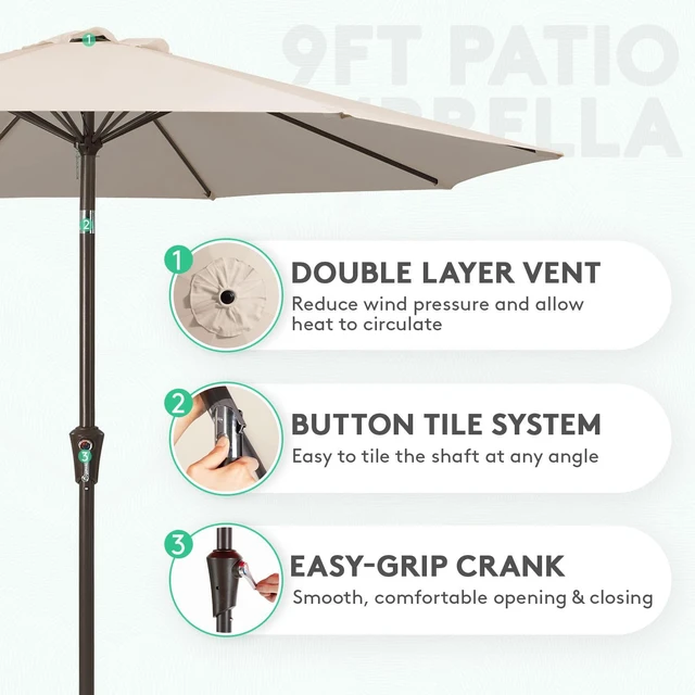 Alt view image 2 of 7 - 9FT Outdoor Patio Umbrella, Market Umbrella, Beige | Outdoor Table Umbrellas with 8 Sturdy, Tilt & Crank UV Protection Waterproof for Garden, Deck, Backyard, Pool