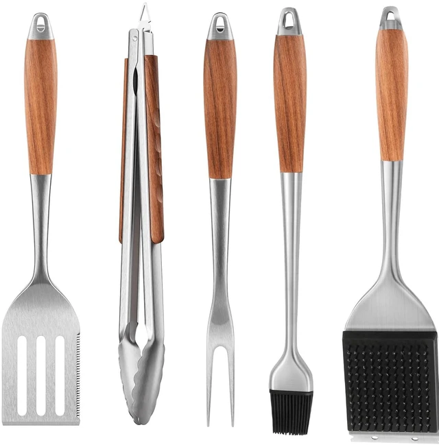 Main image of Grill Utensils Set with Rosewood Handle, BBQ Accessories Tools Set of 5 | Grilling Tongs, Spatula, Fork, Oil Brush, Cleaning Brush - Grilling Tools Set for Outdoor